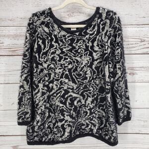 Chico's Women's Black White Eyelash Trim Jacquard Pullover Sweater Size 2